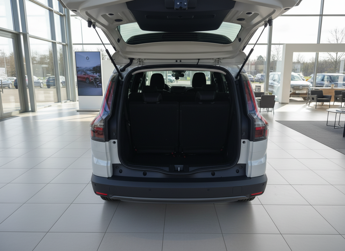 Weißer SUV mit geöffneter Heckklappe im Autohaus – geräumiger Kofferraum