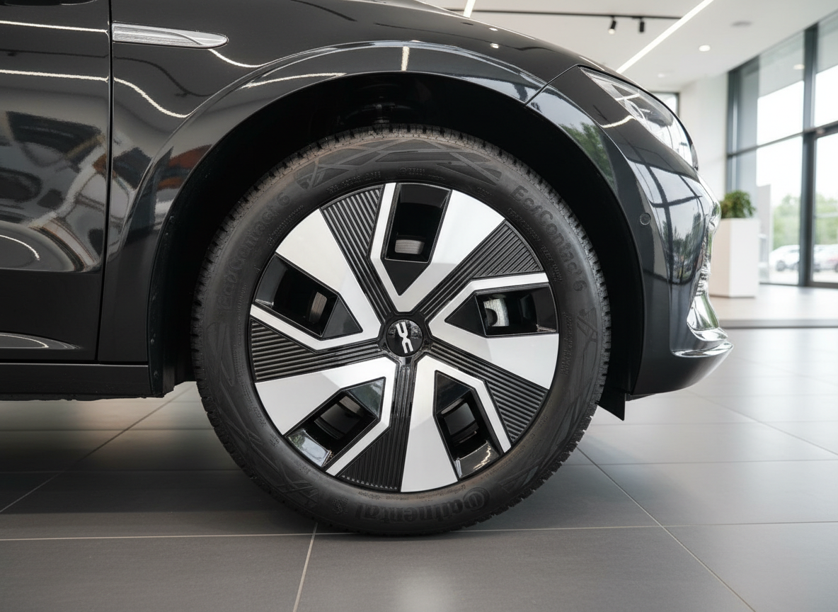 Schwarzes Elektrofahrzeug mit modernen Leichtmetallfelgen in einem Autohaus-Showroom