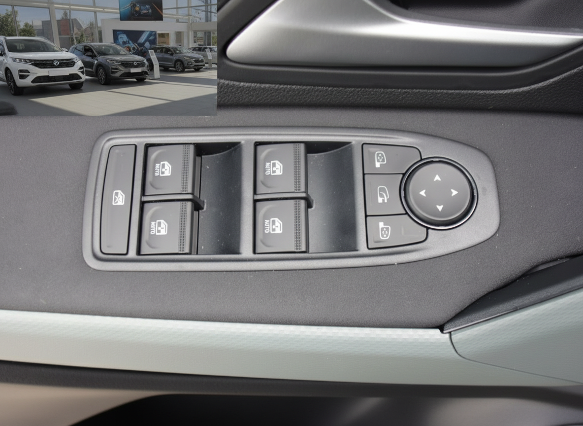 Fahrzeugtür-Innenverkleidung mit Fensterheber-Schaltereinheit und Spiegelverstellung