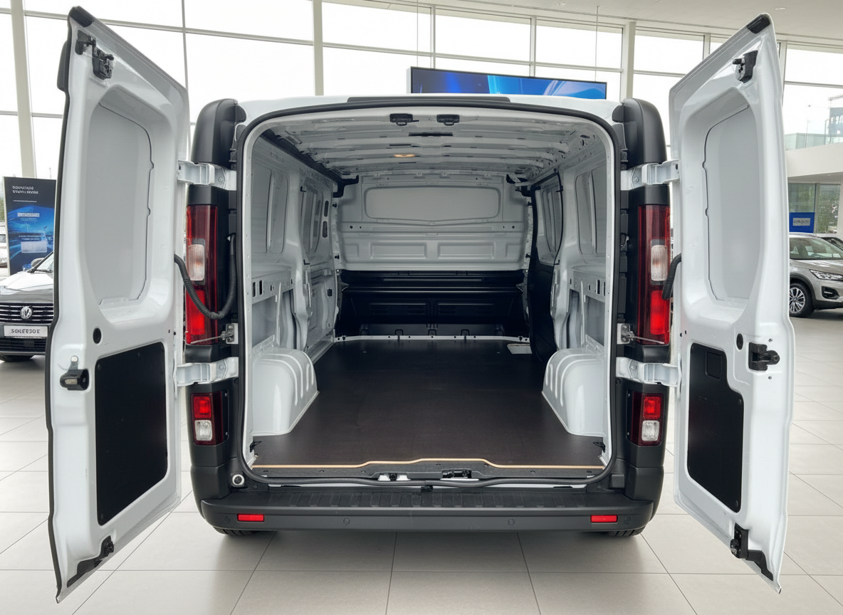 Weißer Transporter Laderaum geöffnet – leerer Cargo-Van im Autohaus