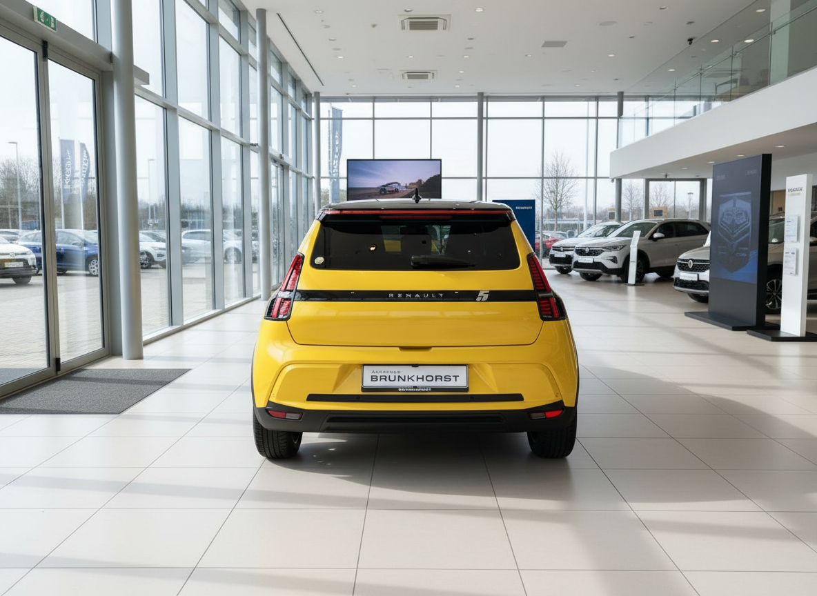 Gelber Renault 5 E-Tech Heckansicht im Autohaus Brunkhorst Showroom