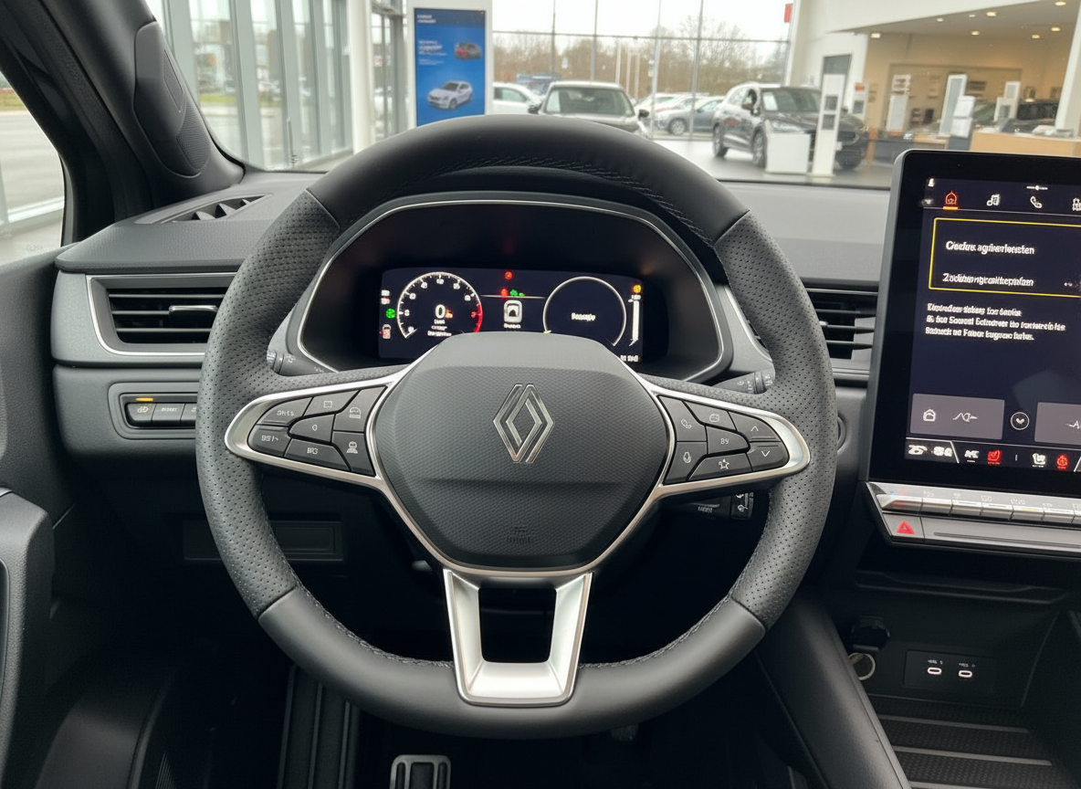 Renault Innenraum mit Lenkrad, digitalem Cockpit und Touchscreen-Infotainmentsystem