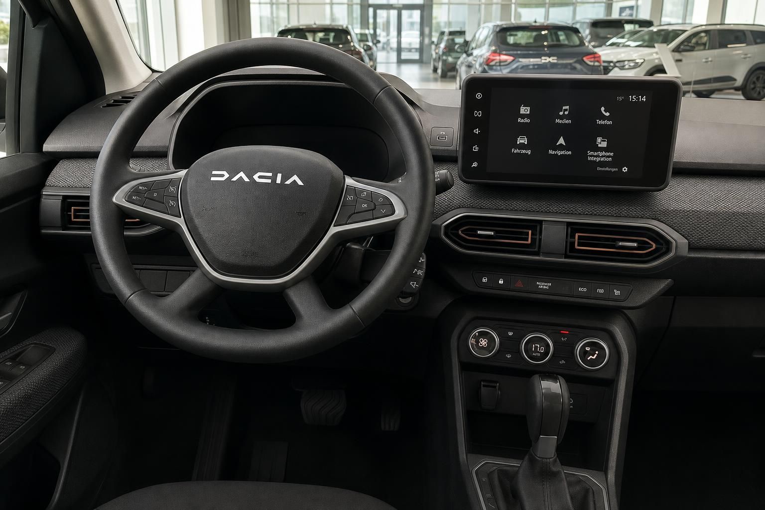 Dacia Cockpit mit Lenkrad und Touchscreen-Infotainmentsystem