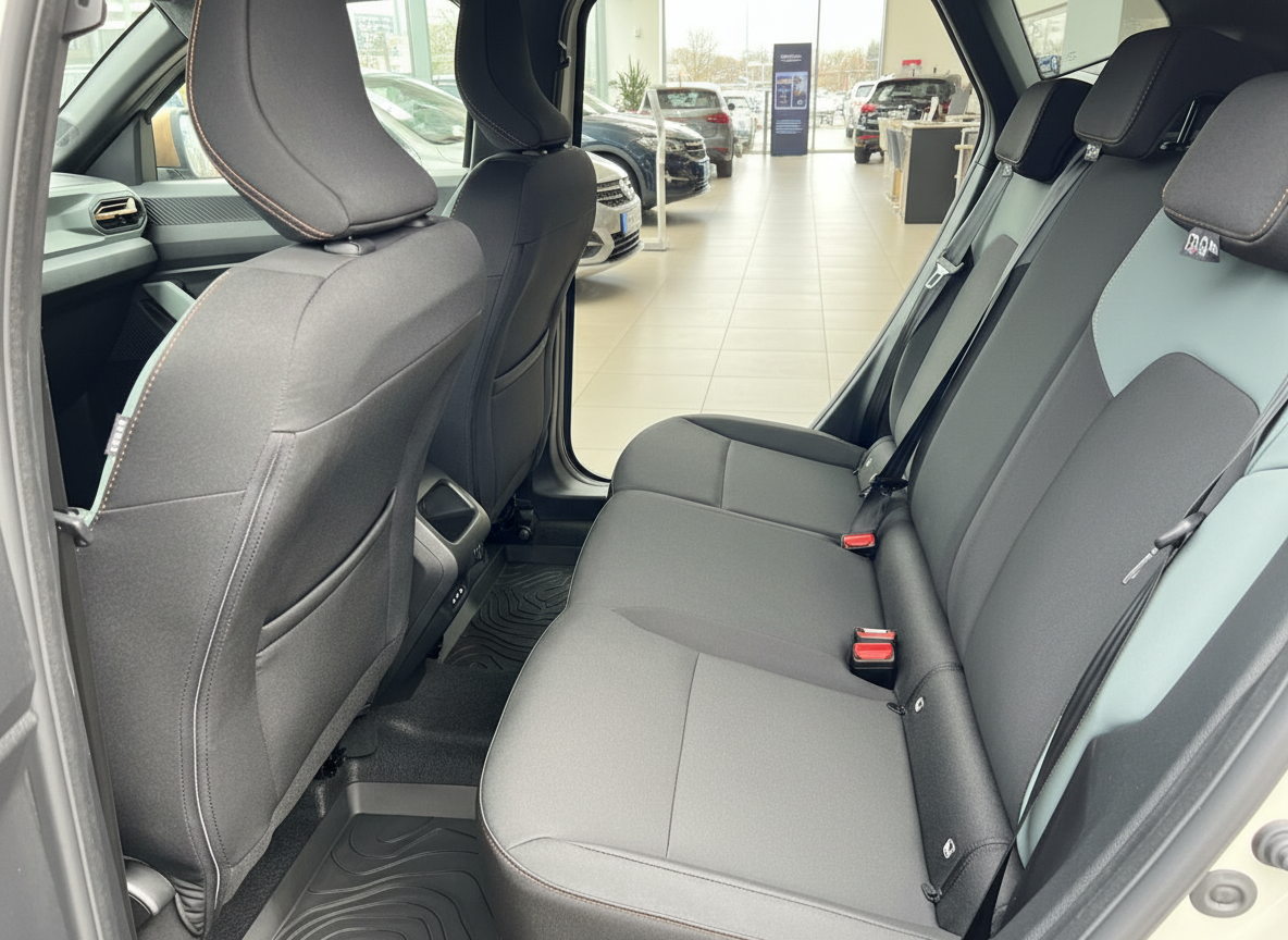 Fahrzeuginnenraum Rücksitzbank mit schwarzen Stoffsitzen und Sicherheitsgurten im Autohaus