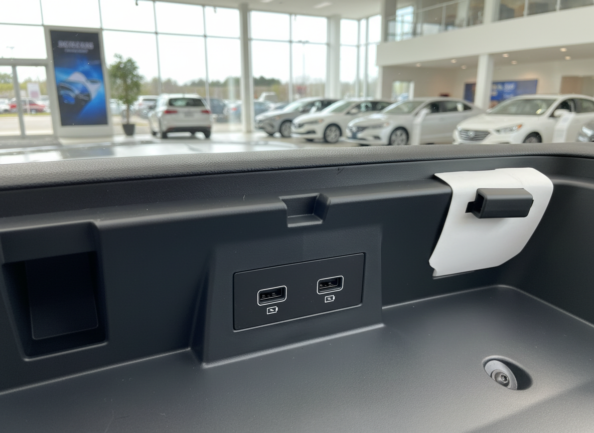 Fahrzeug Innenraum USB-Ladeanschlüsse im Fond-Bereich – Detailaufnahme Mittelkonsole