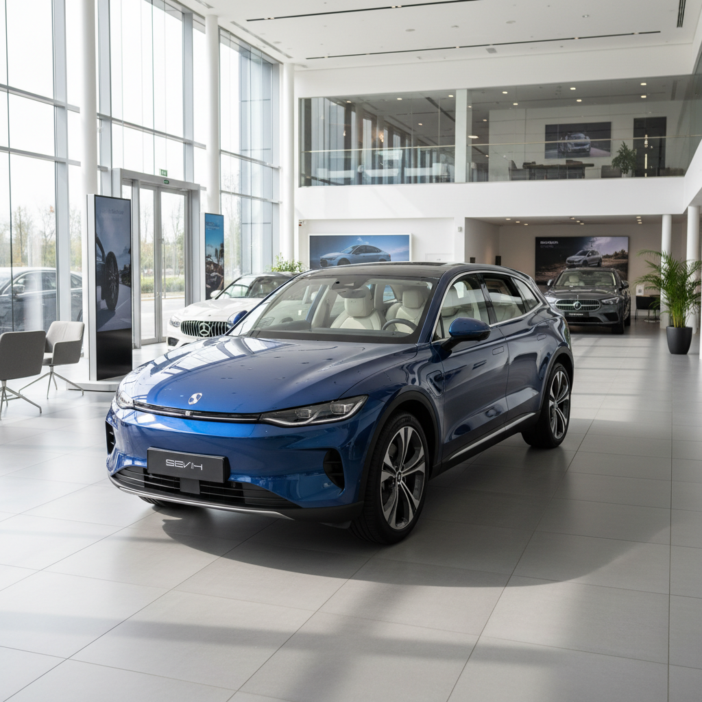 Blauer SUV im modernen Autohaus-Showroom mit großen Fensterfronten