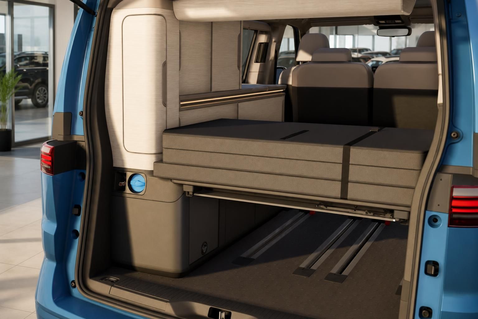 VW California Kofferraum mit Bettkasten und Rueckbank