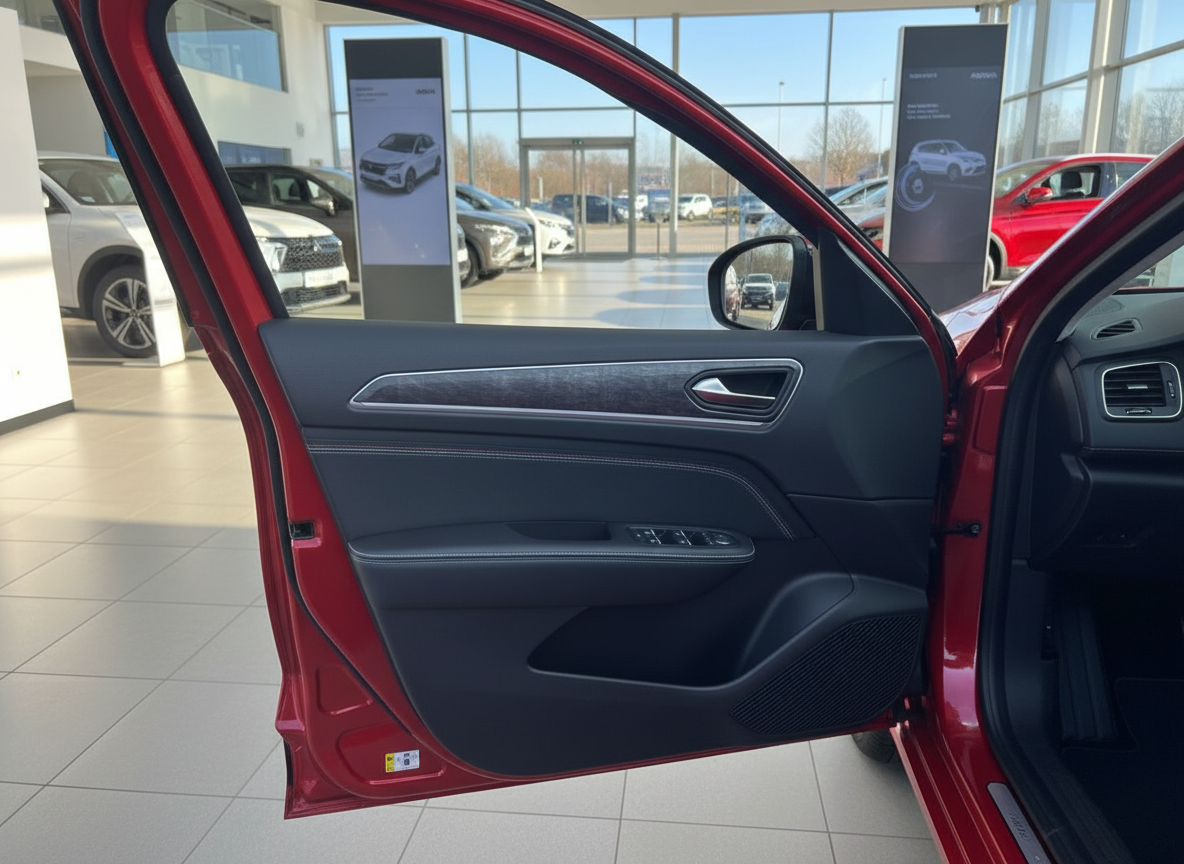 Rotes Fahrzeug Innenraum Fahrertür geöffnet im Autohaus mit schwarzem Leder-Türverkleidung