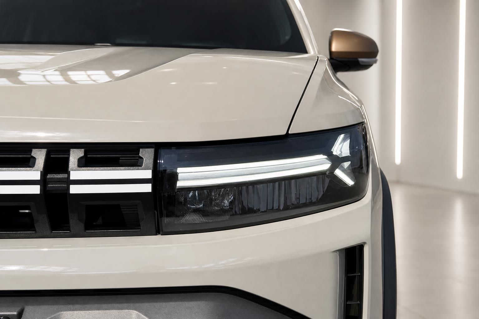 Dacia Duster Frontscheinwerfer Nahaufnahme in Beige metallic