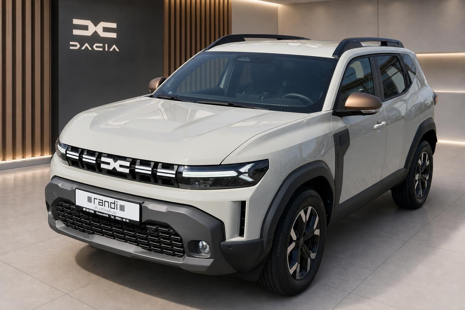 Dacia SUV weiß Frontansicht schräg im Showroom bei Autohaus Randi