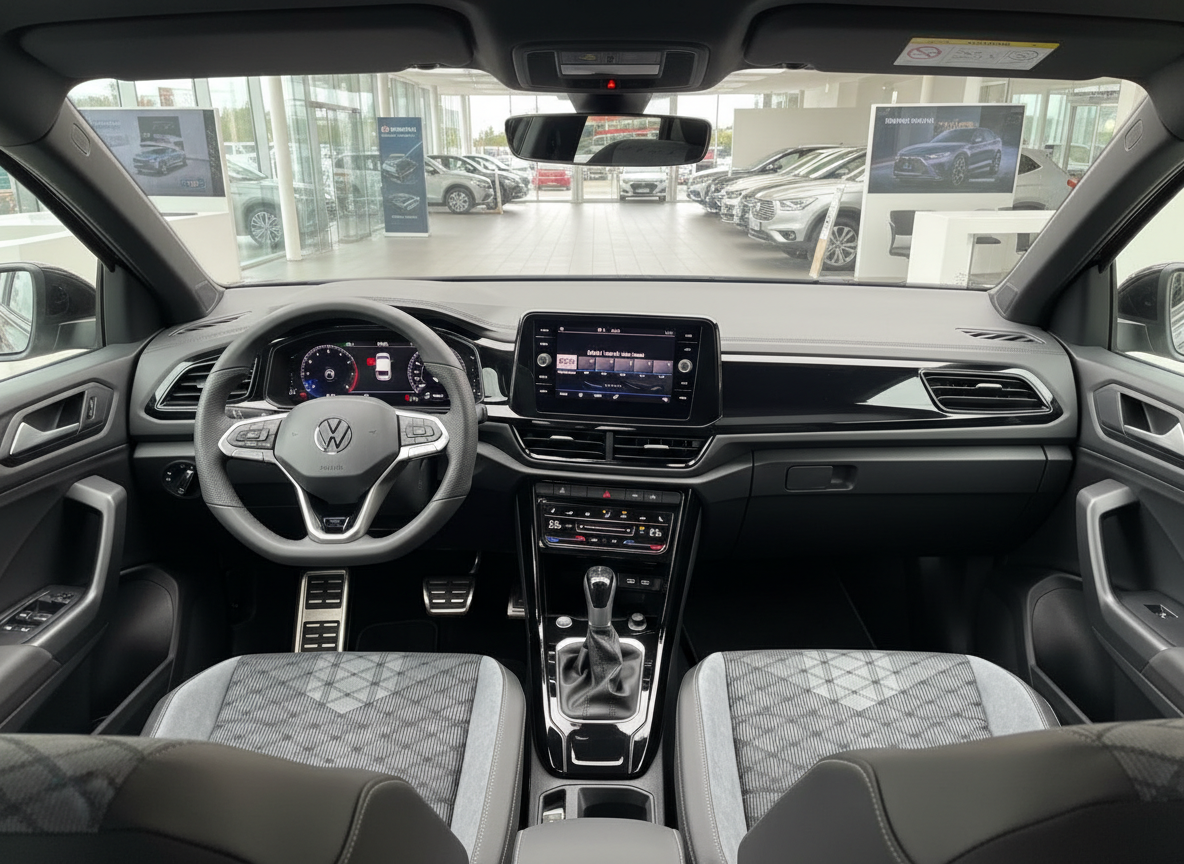 Volkswagen Innenraum mit digitalem Cockpit, Infotainment-Touchscreen und Schaltgetriebe