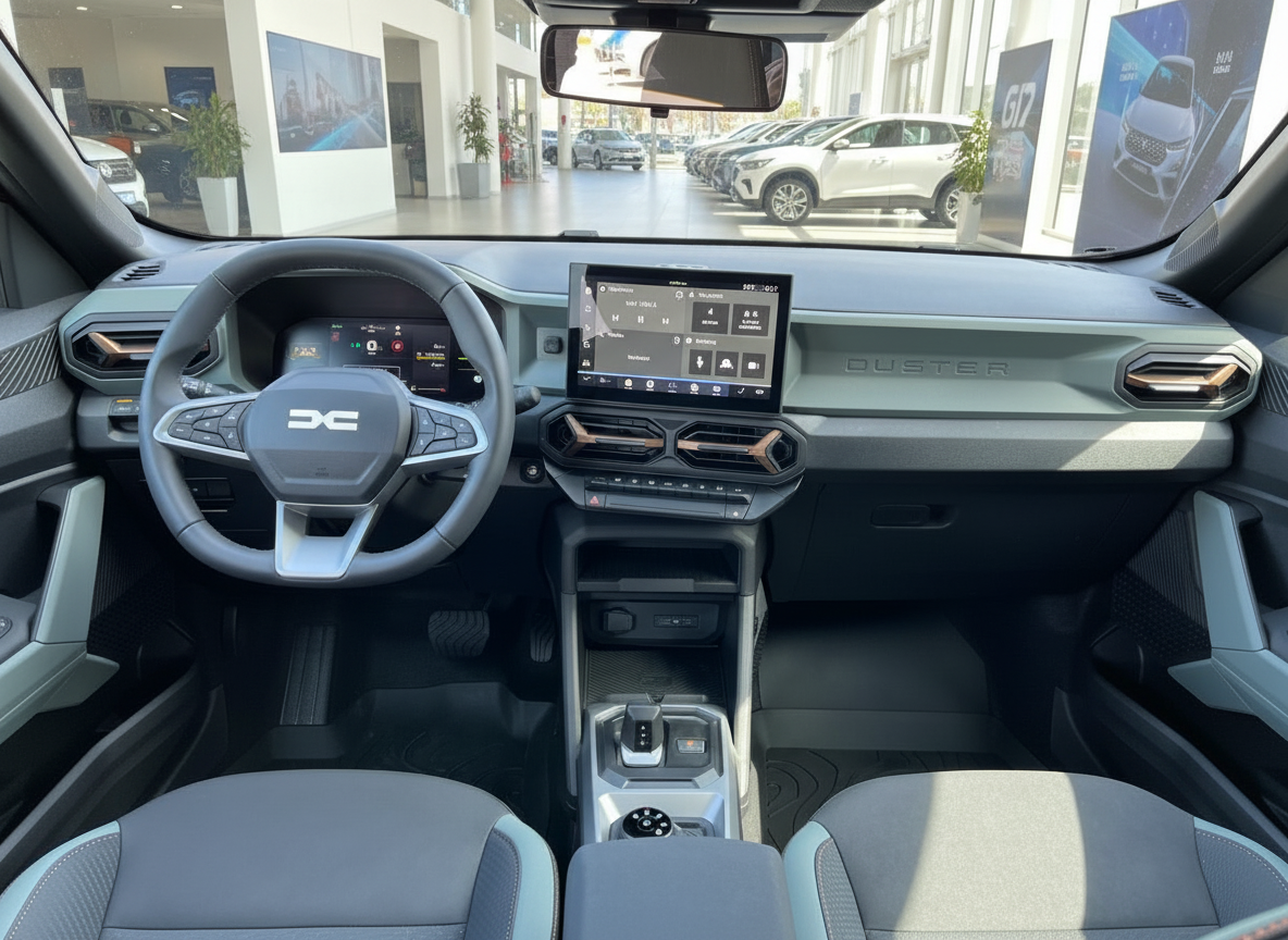 Dacia Duster Innenraum mit Cockpit, Touchscreen und Lenkrad in modernem Autohaus