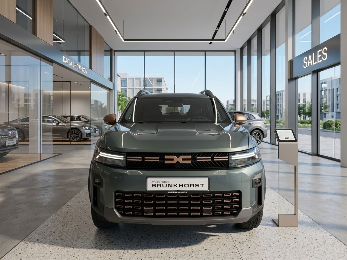 Dacia SUV Frontansicht grün metallic im Autohaus Brunkhorst - modernes LED-Scheinwerfer Design