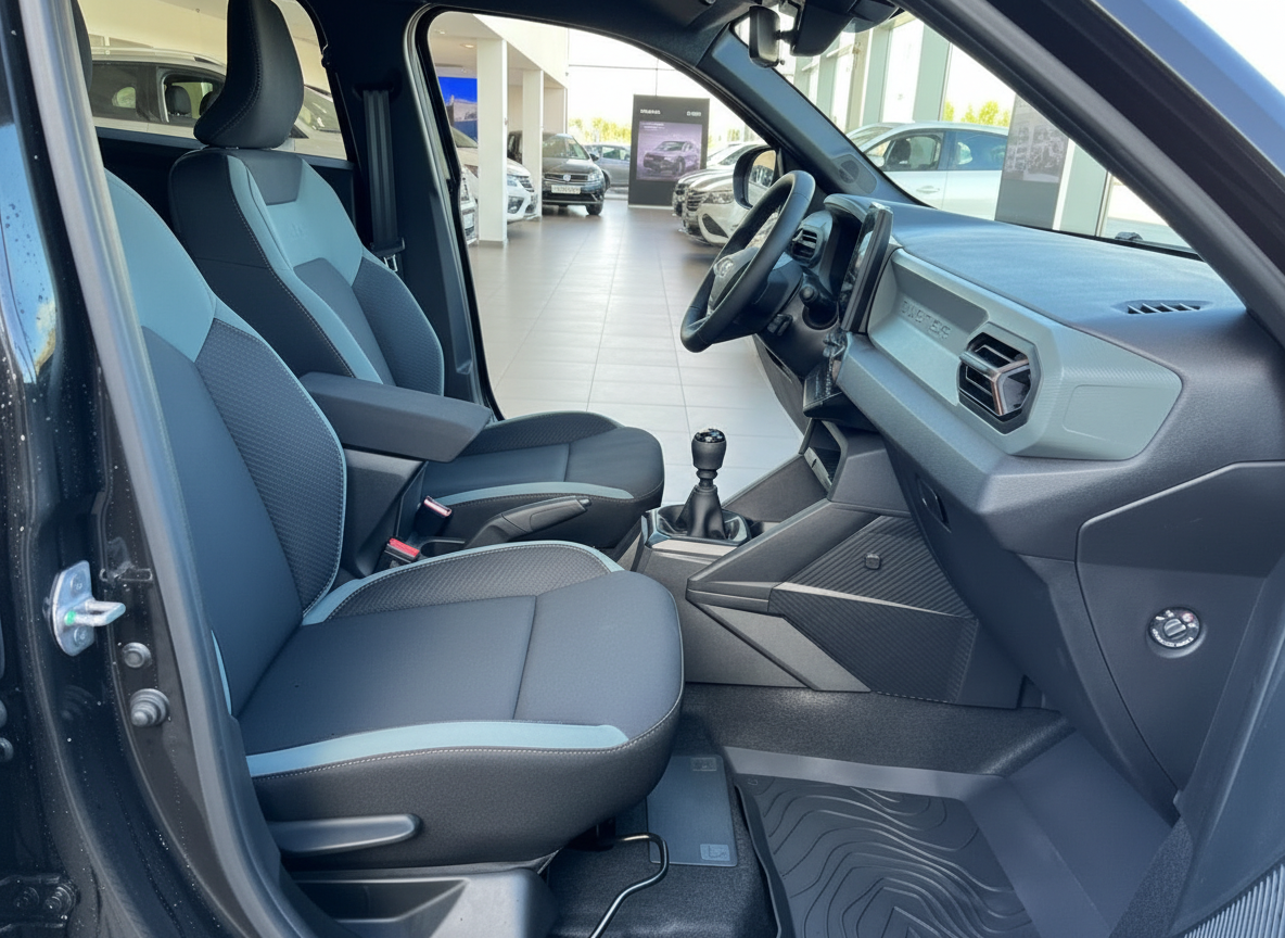 Dacia Duster Innenraum mit schwarzen Sportsitzen, manuellem Getriebe und modernem Cockpit