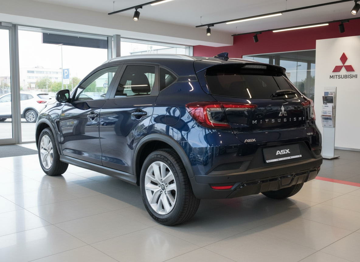 Mitsubishi ASX SUV in Dunkelblau im Autohaus, Heckansicht schräg links