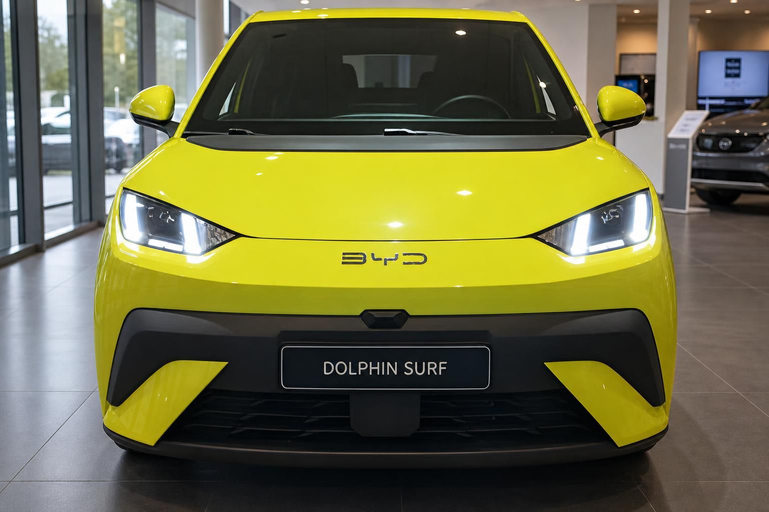 BYD Dolphin Surf in Gelb, Frontansicht im Autohaus