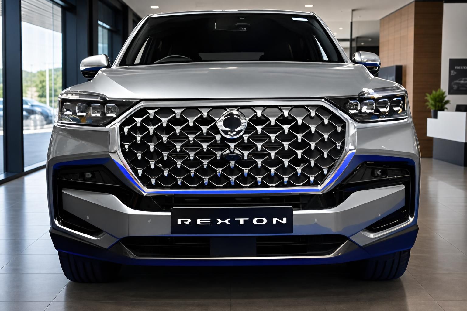 SsangYong Rexton Frontansicht silber-blau im Showroom – großer Kühlergrill und LED-Scheinwerfer