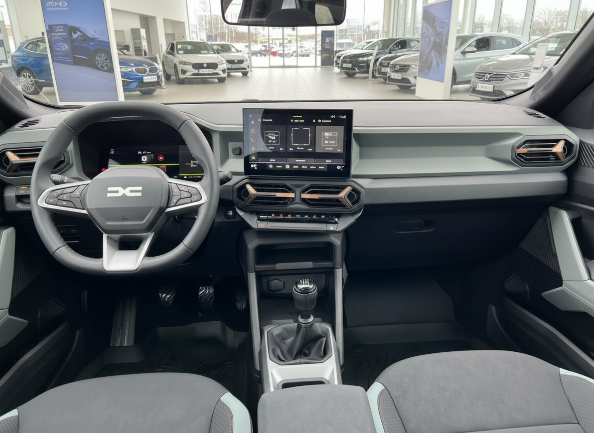 Dacia Innenraum mit Lenkrad, Infotainment-Touchscreen und manuellem Schaltgetriebe im Autohaus
