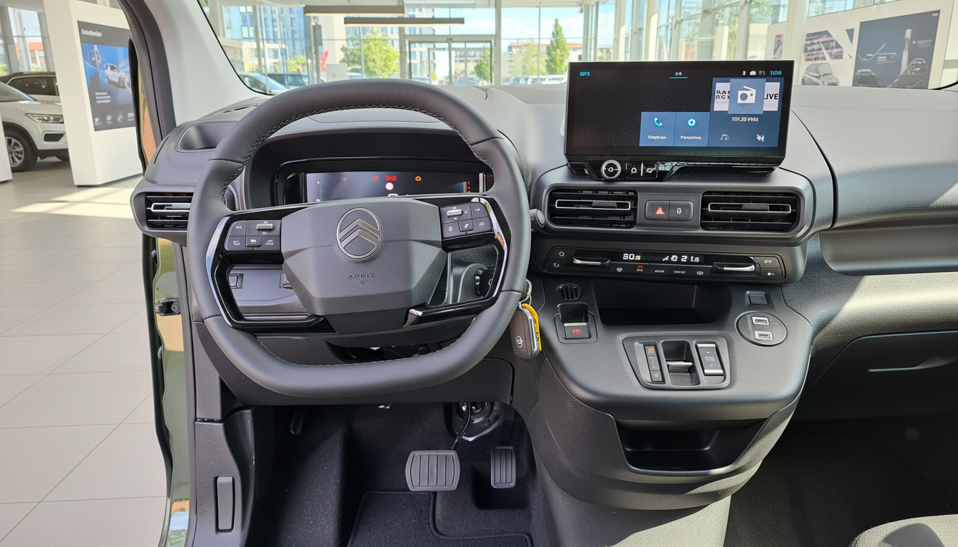 Citroën Innenraum mit modernem Lenkrad, digitalem Cockpit und Touchscreen-Infotainmentsystem im Autohaus