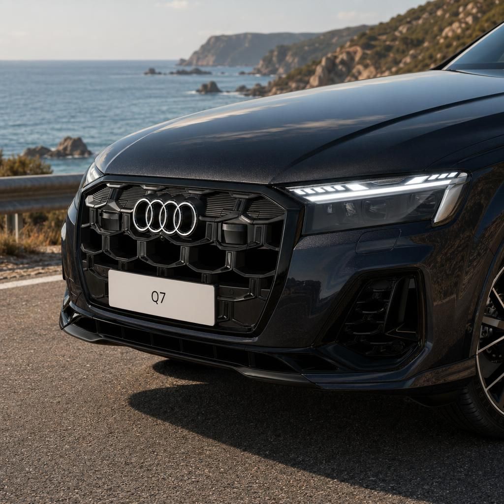Audi Q7 Frontdetail mit markanter Kühlergrill und LED-Scheinwerfern vor Küstenkulisse