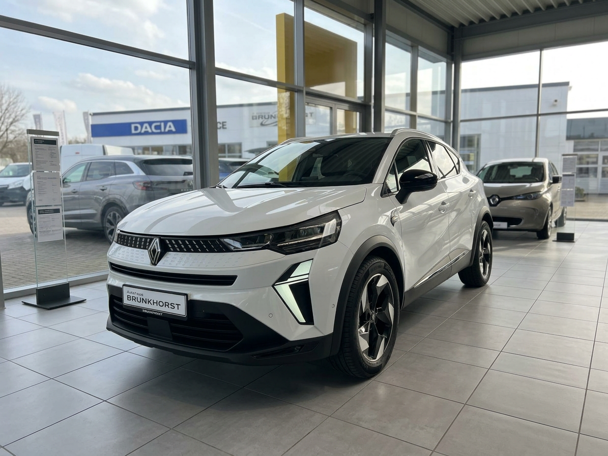Weißer Renault Captur SUV im Autohaus Brunkhorst Showroom, Frontansicht