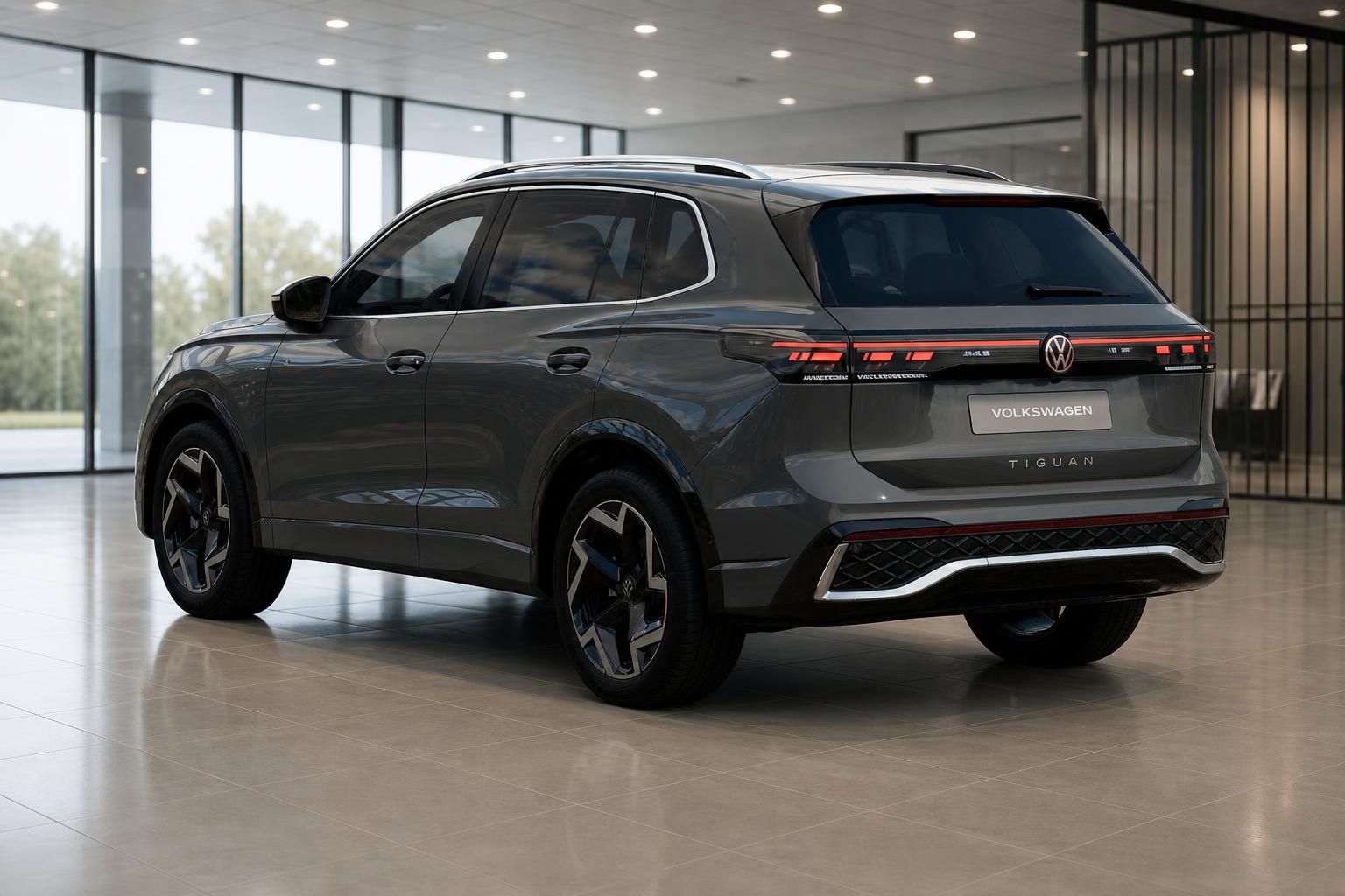 VW Tiguan grau Heckansicht seitlich im Autohaus Showroom