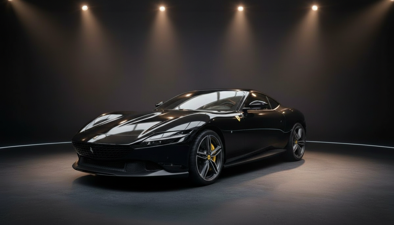 Schwarzer Ferrari Roma Coupé in dunklem Showroom mit Spotlights