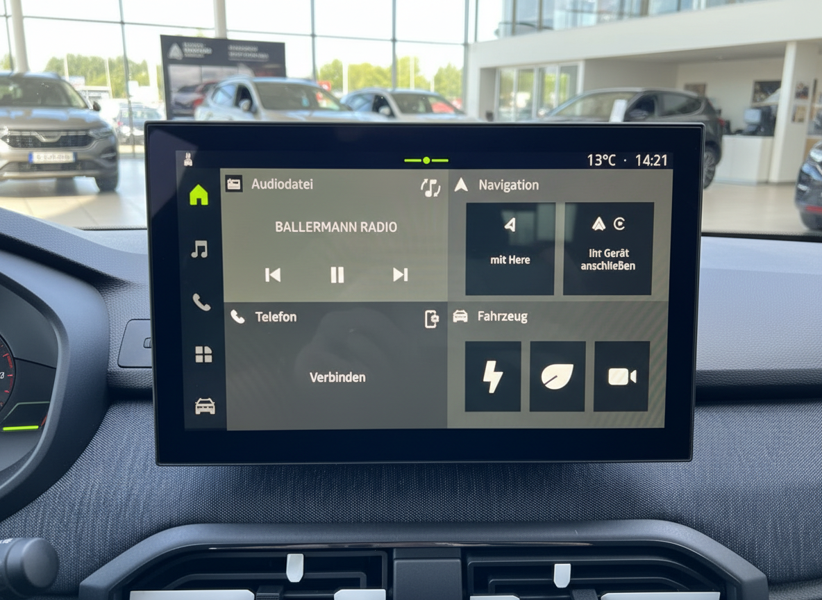 Skoda Fahrzeug Infotainment-Display mit Navigation, Audio und Fahrzeugmenü im Autohaus
