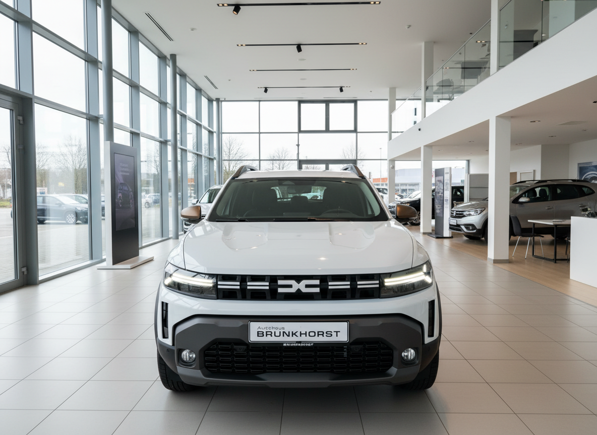Weißer Dacia Duster Neuwagen Frontansicht im Autohaus Brunkhorst Showroom