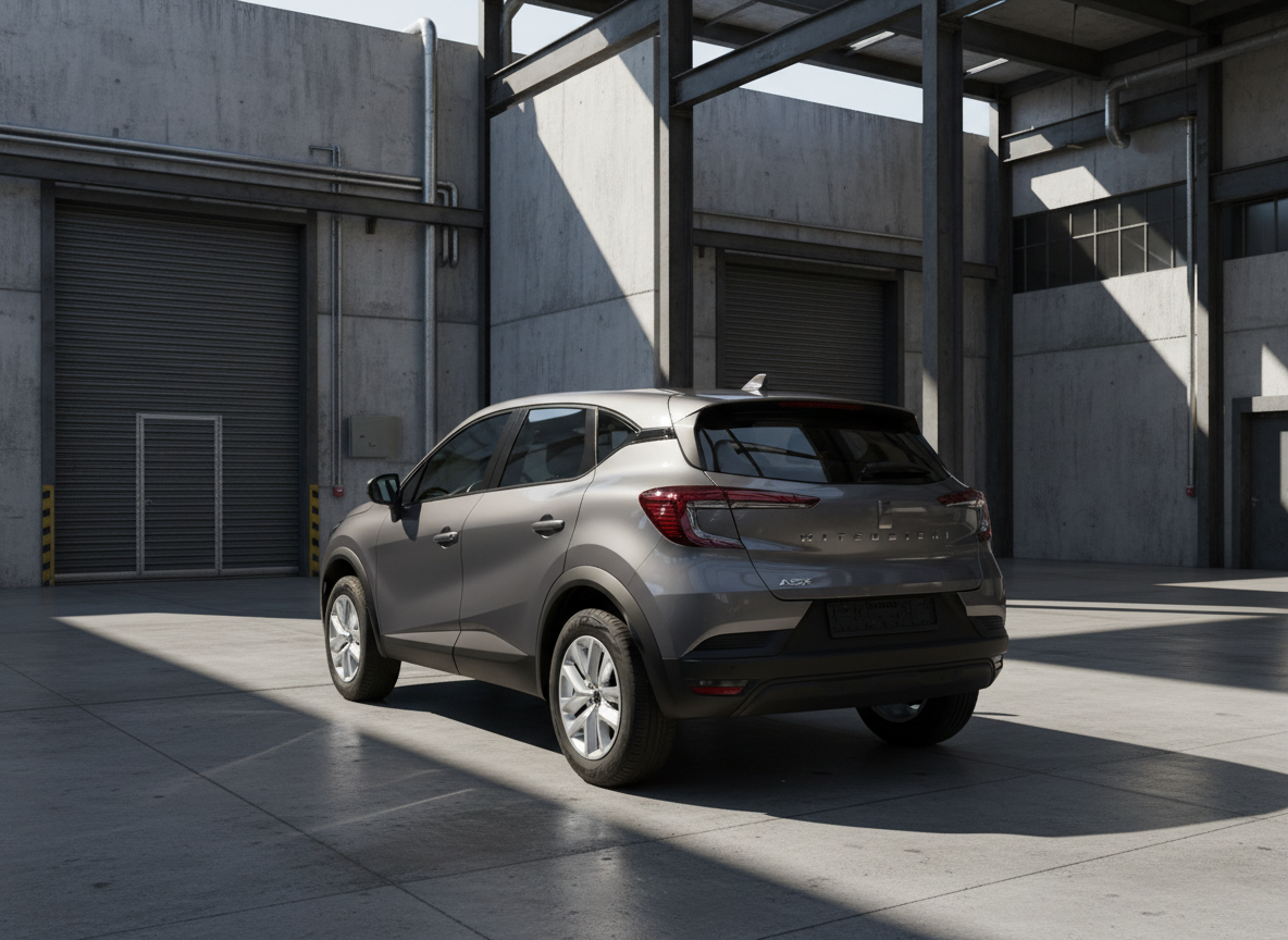 Grauer Mitsubishi ASX Kompakt-SUV von hinten auf einer Kreuzung in der Innenstadt mit Hochhäusern und Ampeln im Hintergrund