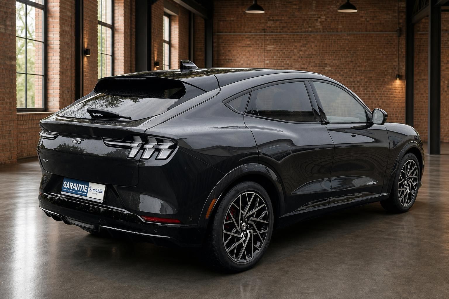 Ford Mustang Mach-E GT schwarz, Heckansicht schräg mit Alufelgen