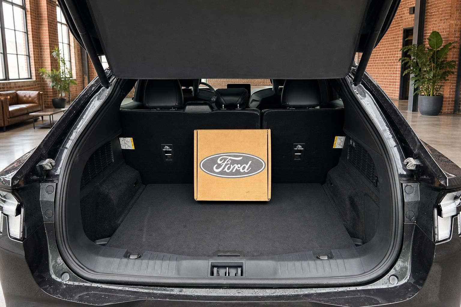 Kofferraum Ford Mustang Mach-E mit Ford-Markenbox und viel Ladevolumen