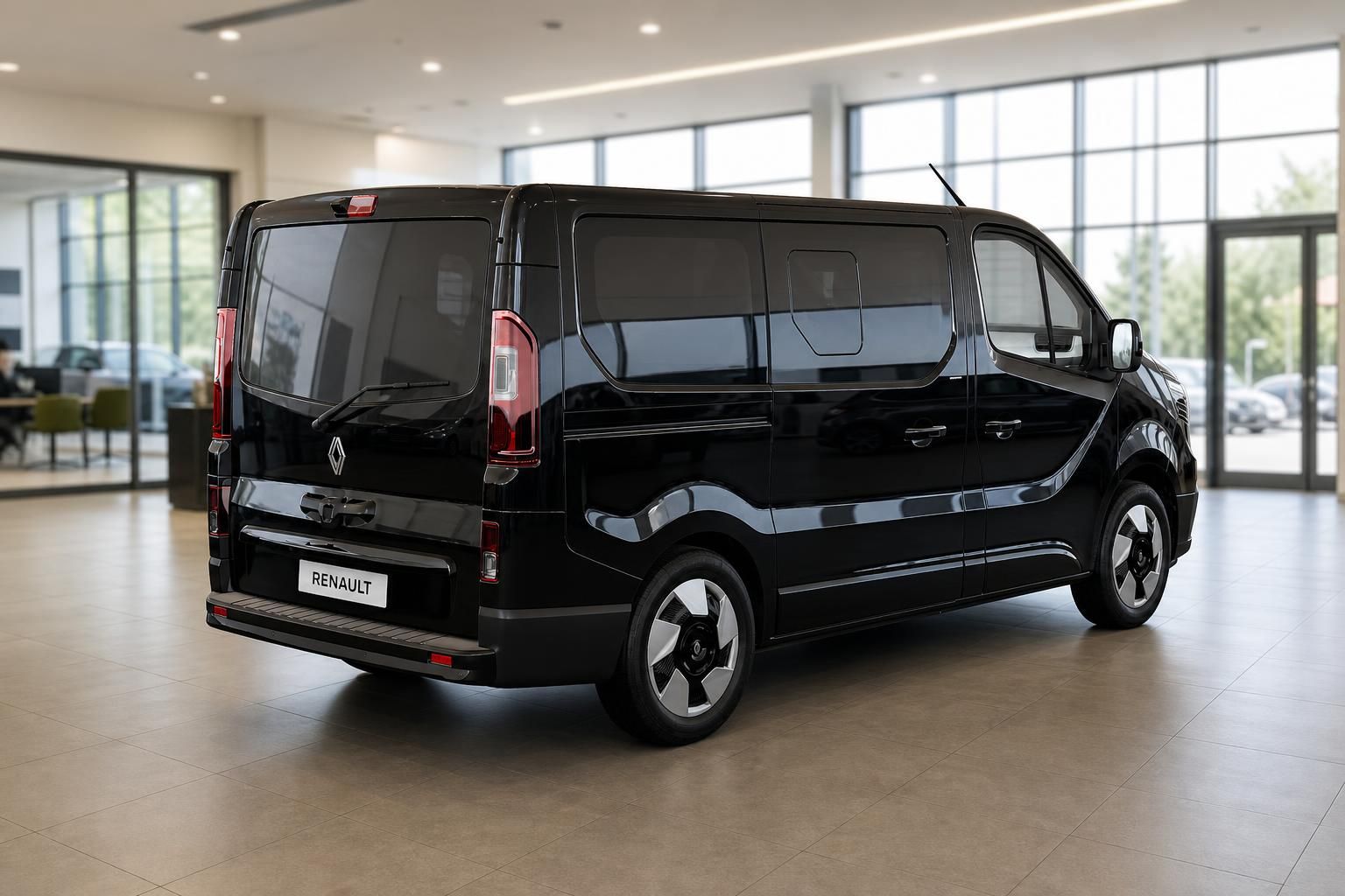 Renault Van schwarz Heckansicht seitlich im Showroom