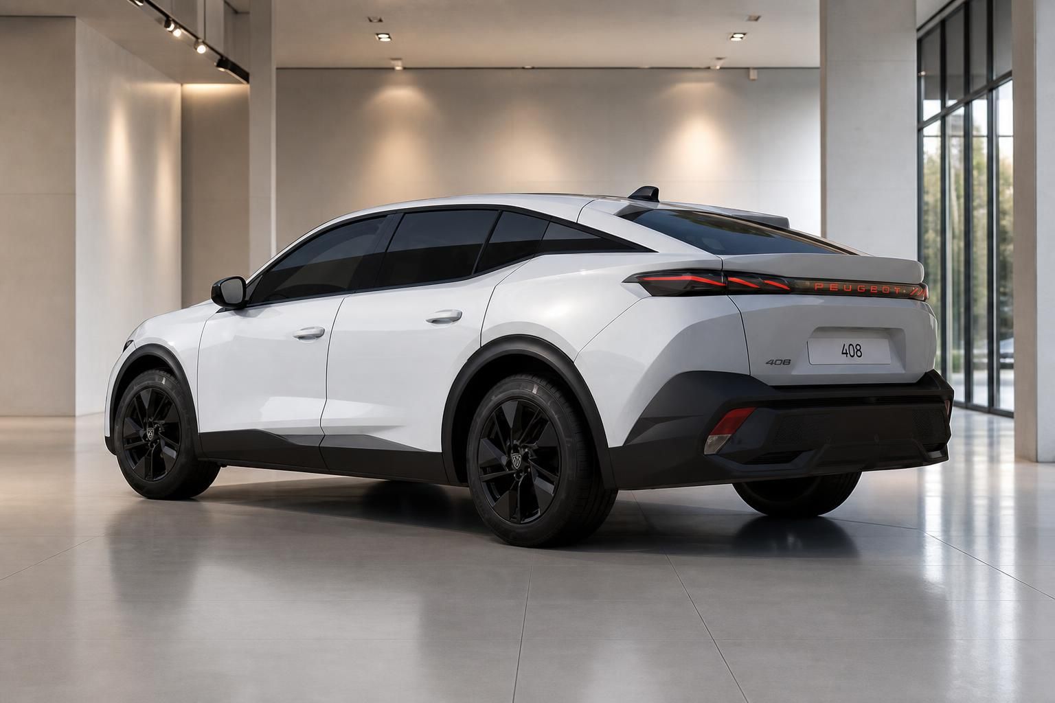 Peugeot 408 weiß, Heckansicht seitlich im Showroom