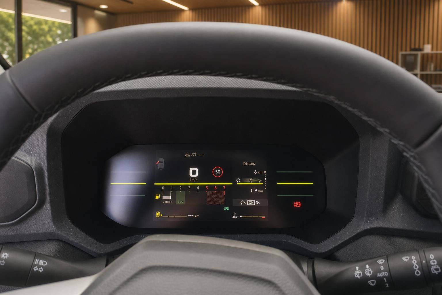 Digitales Fahrzeug-Armaturenbrett mit Geschwindigkeitsanzeige und Navigationsinformationen