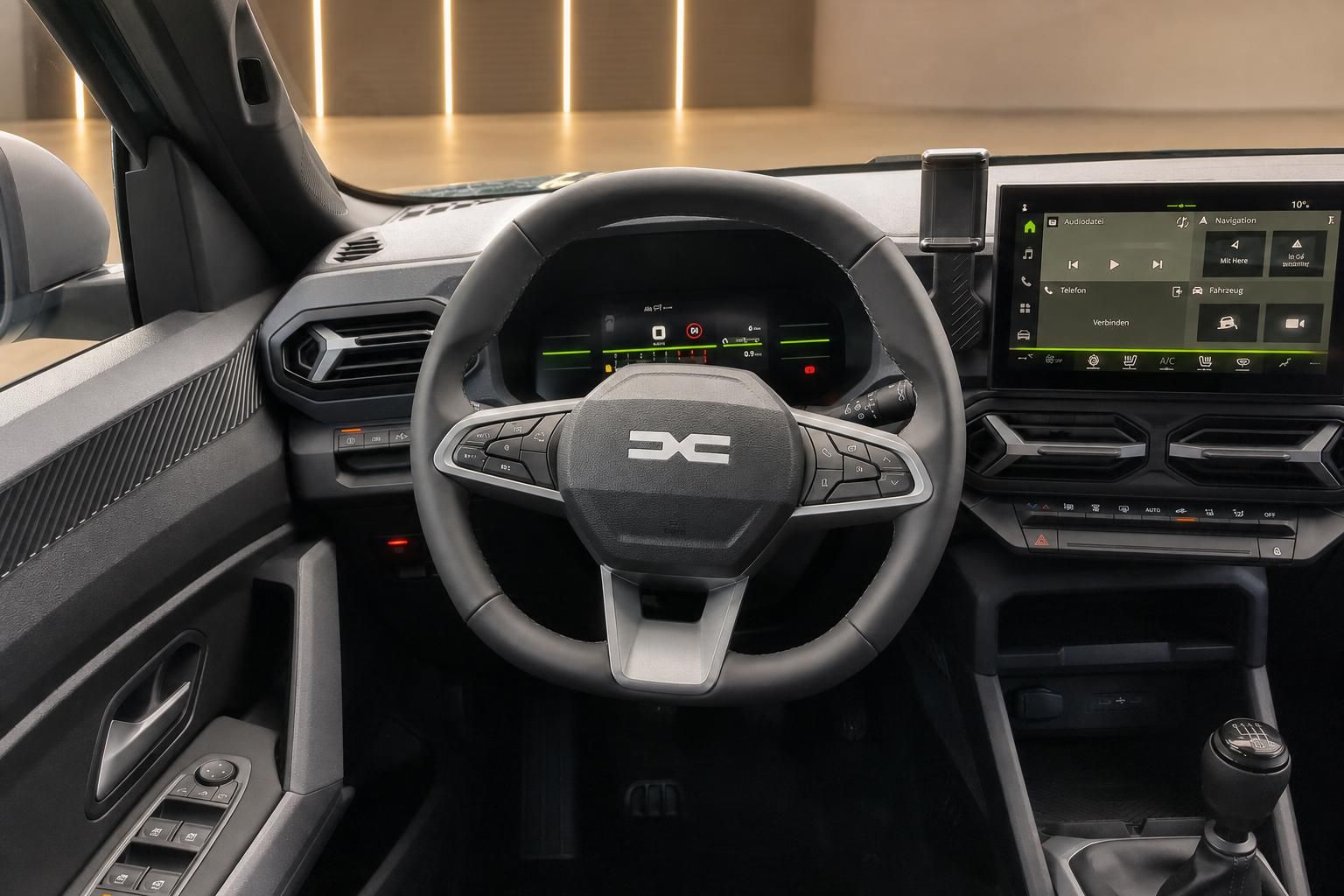 Modernes Fahrzeug-Cockpit mit digitalem Display, Lenkrad und Touchscreen-Infotainment-System