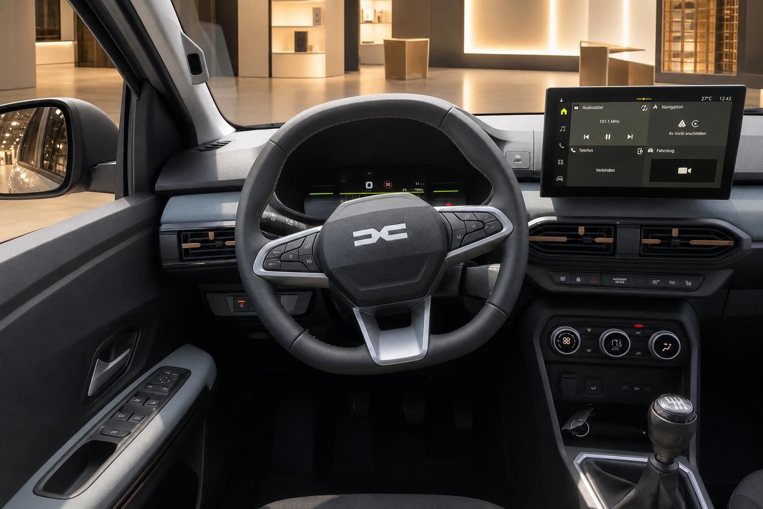 Dacia Innenraum Cockpit mit Lenkrad, Digitaltacho und Touchscreen-Infotainmentsystem