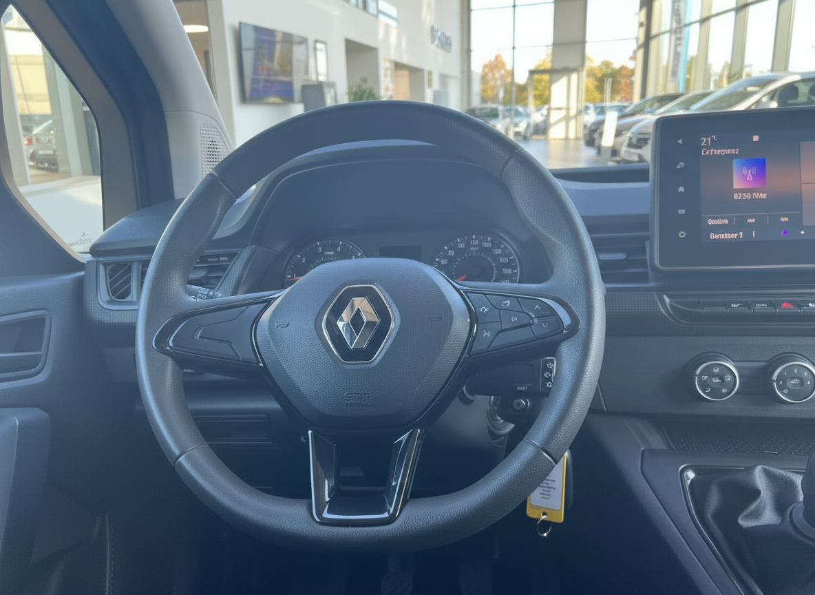 Renault Innenraum mit Lenkrad und Touchscreen-Infotainment im Autohaus