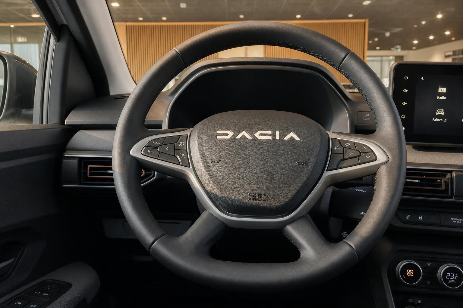 Dacia Fahrzeug Innenraum mit Lenkrad und Armaturenbrett - modernes Cockpit Design
