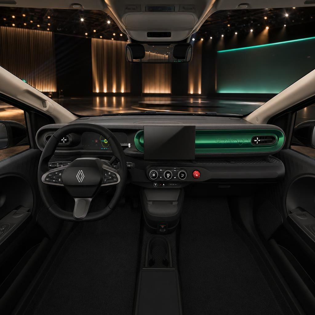 Cockpit eines Renault Elektrofahrzeugs mit modernem Dashboard und grünen Design-Elementen
