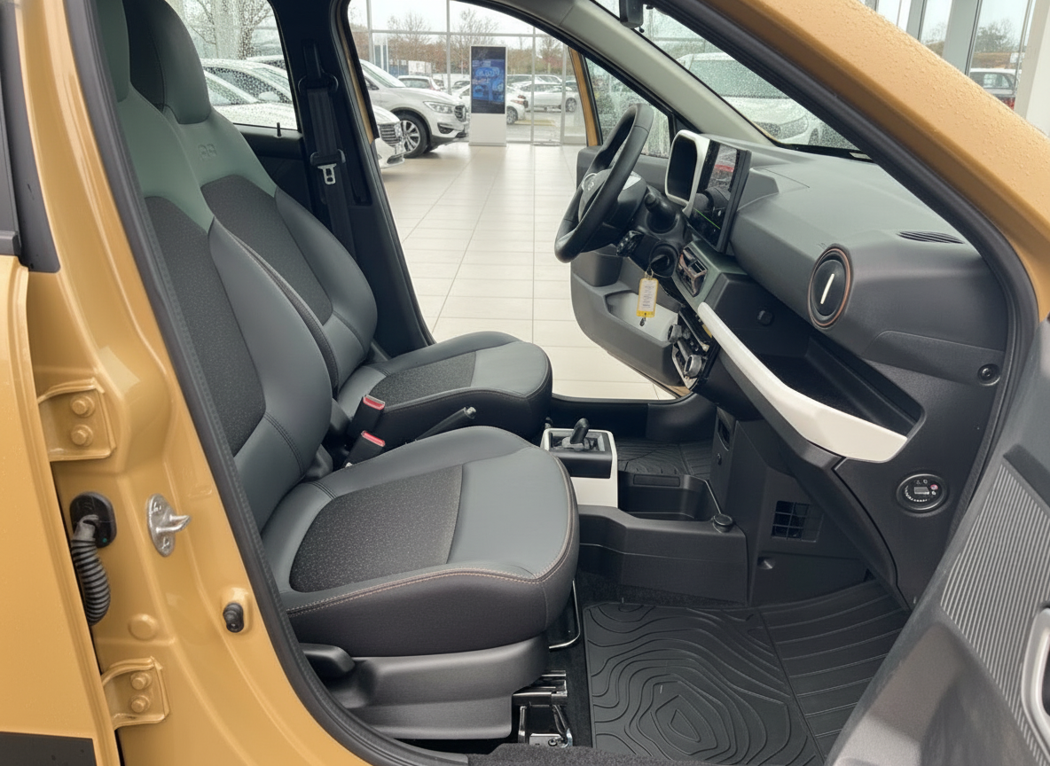 Innenraum eines gelben Renault mit schwarzen Sitzen, Cockpit und Infotainmentsystem im Autohaus