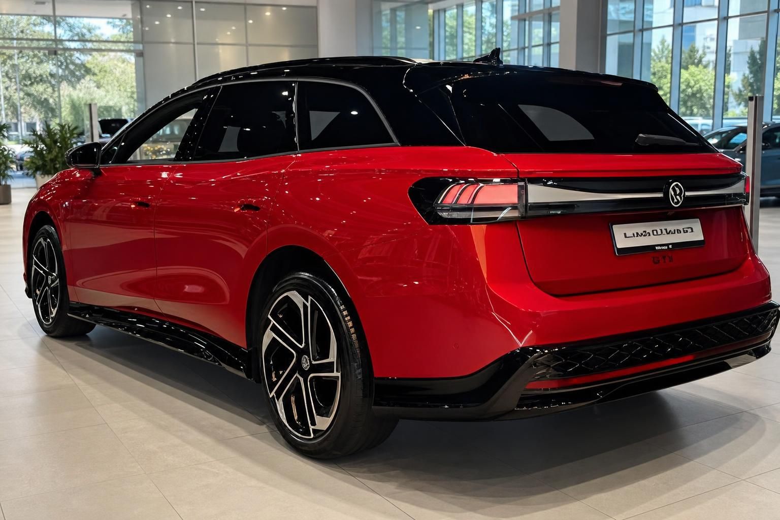 VW ID.7 Tourer GTX in Rot Heckansicht im Autohaus mit schwarzem Dach und sportlichen Leichtmetallfelgen