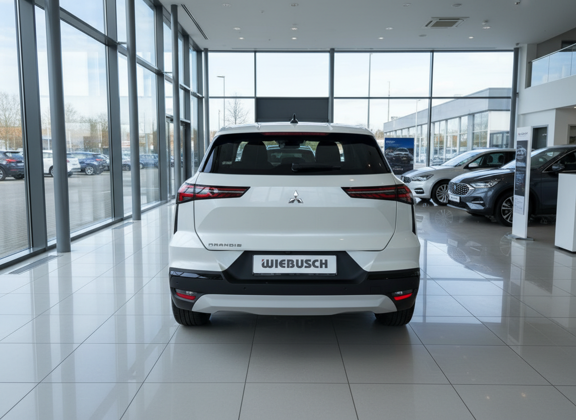 Mitsubishi Grandis Heckansicht in Weiß im Autohaus Wiebusch Showroom