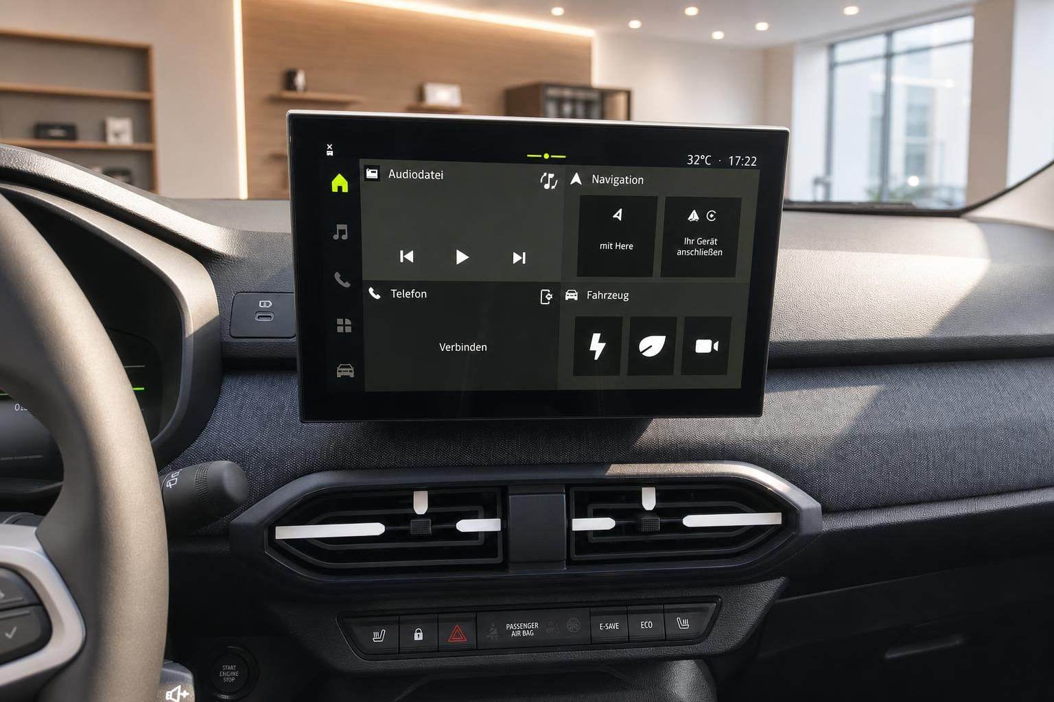 Infotainment-Bildschirm mit Navigation und Telefon im Fahrzeugcockpit