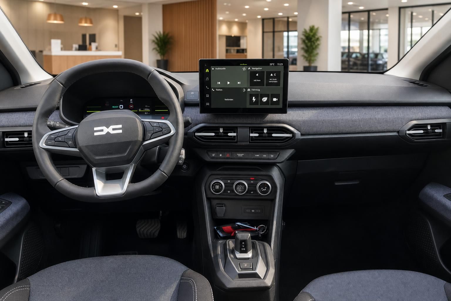 Dacia Cockpit mit Lenkrad und Touchscreen-Infotainment im Innenraum