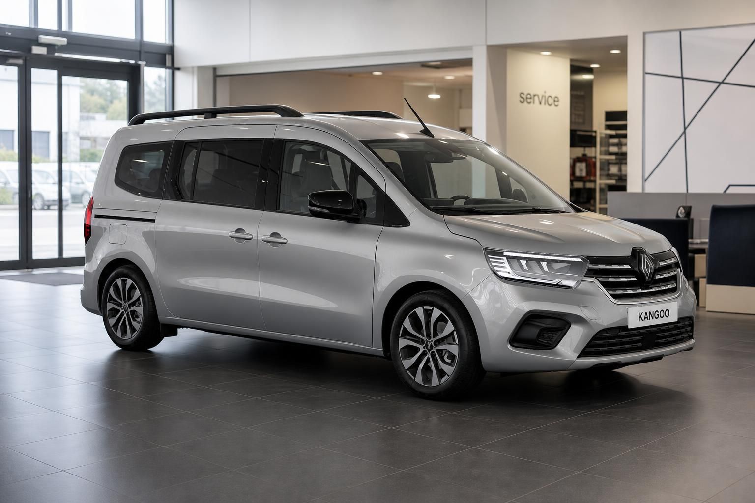 Renault Kangoo silber Schrägansicht vorne rechts im Autohaus Showroom