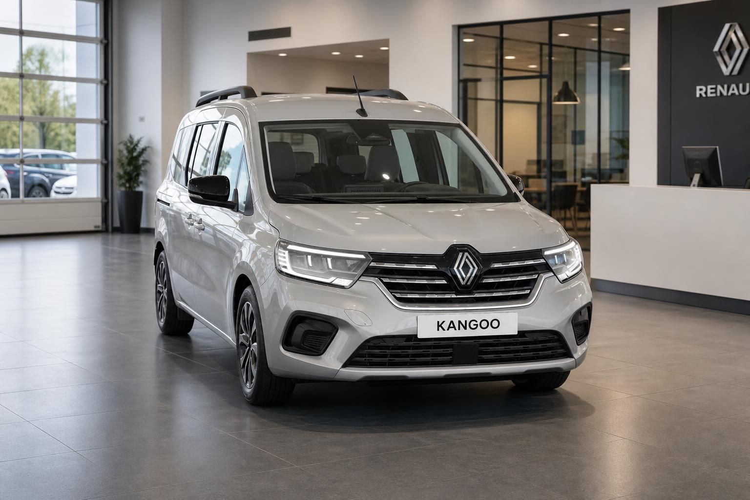 Renault Kangoo silber Frontansicht im Autohaus – LED-Scheinwerfer und Renault-Logo prominent