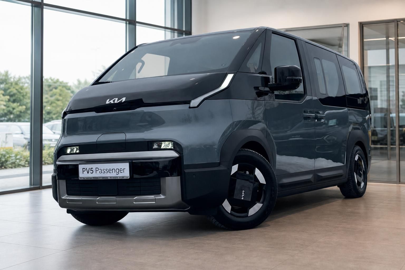 Kia PV5 Passenger Van in Anthrazit, Frontansicht im Autohaus