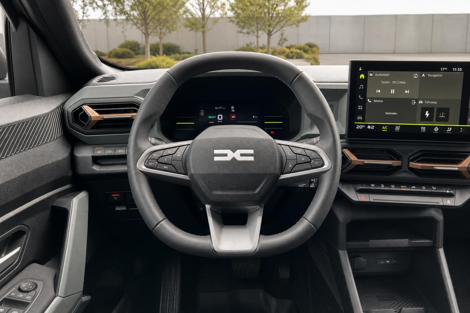 Fahrzeug Cockpit mit digitalem Display, Lenkrad und moderner Armaturentafel