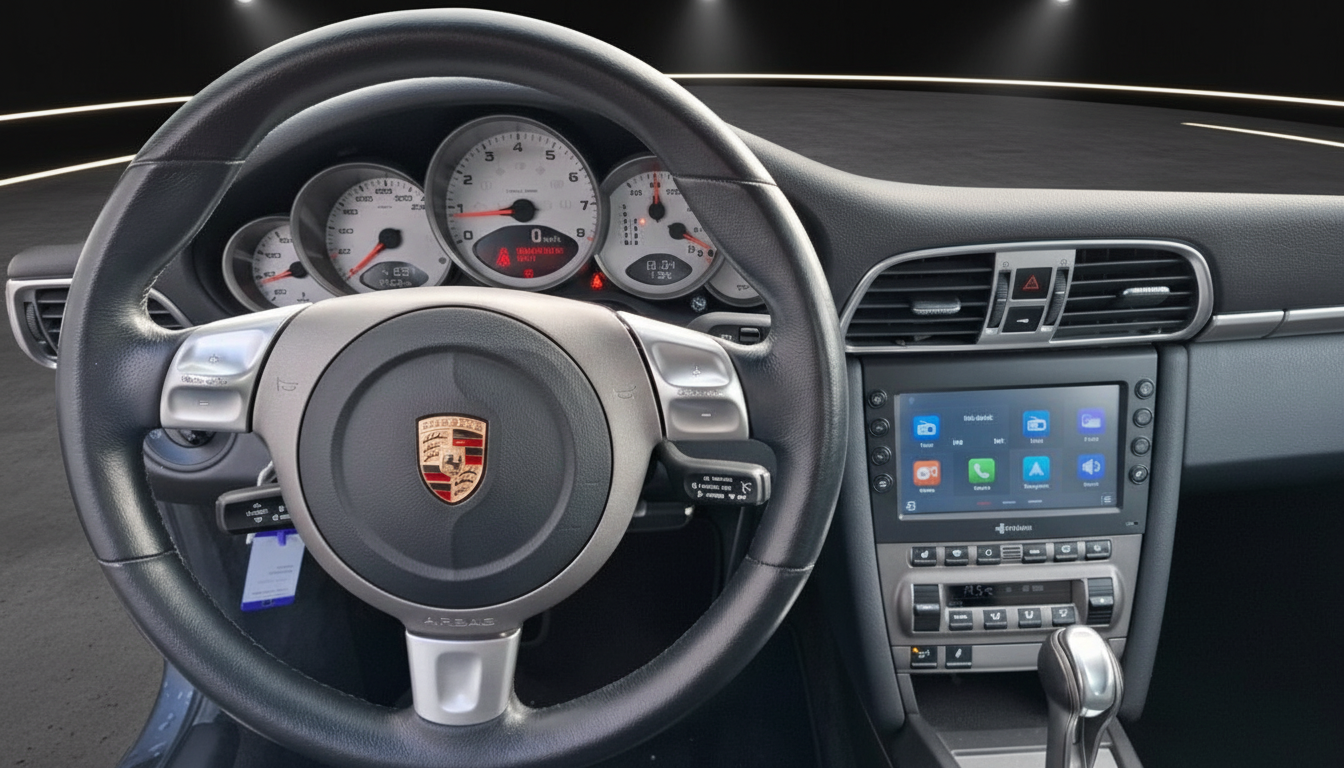 Porsche 911 Innenraum mit Lederlenkrad, Tacho und Apple CarPlay Touchscreen